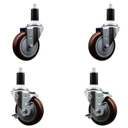 Service Caster 4'' Maroon Poly Wheel Swivel 1-3/8'' Expanding Stem Caster Set 2 Brakes, 4PK SCC-EX20S414-PPUB-MRN-2-TLB-2-138